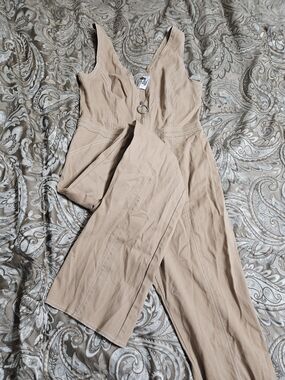 Womens Beige Wide-Leg Jumpsuit with Ring Zipper